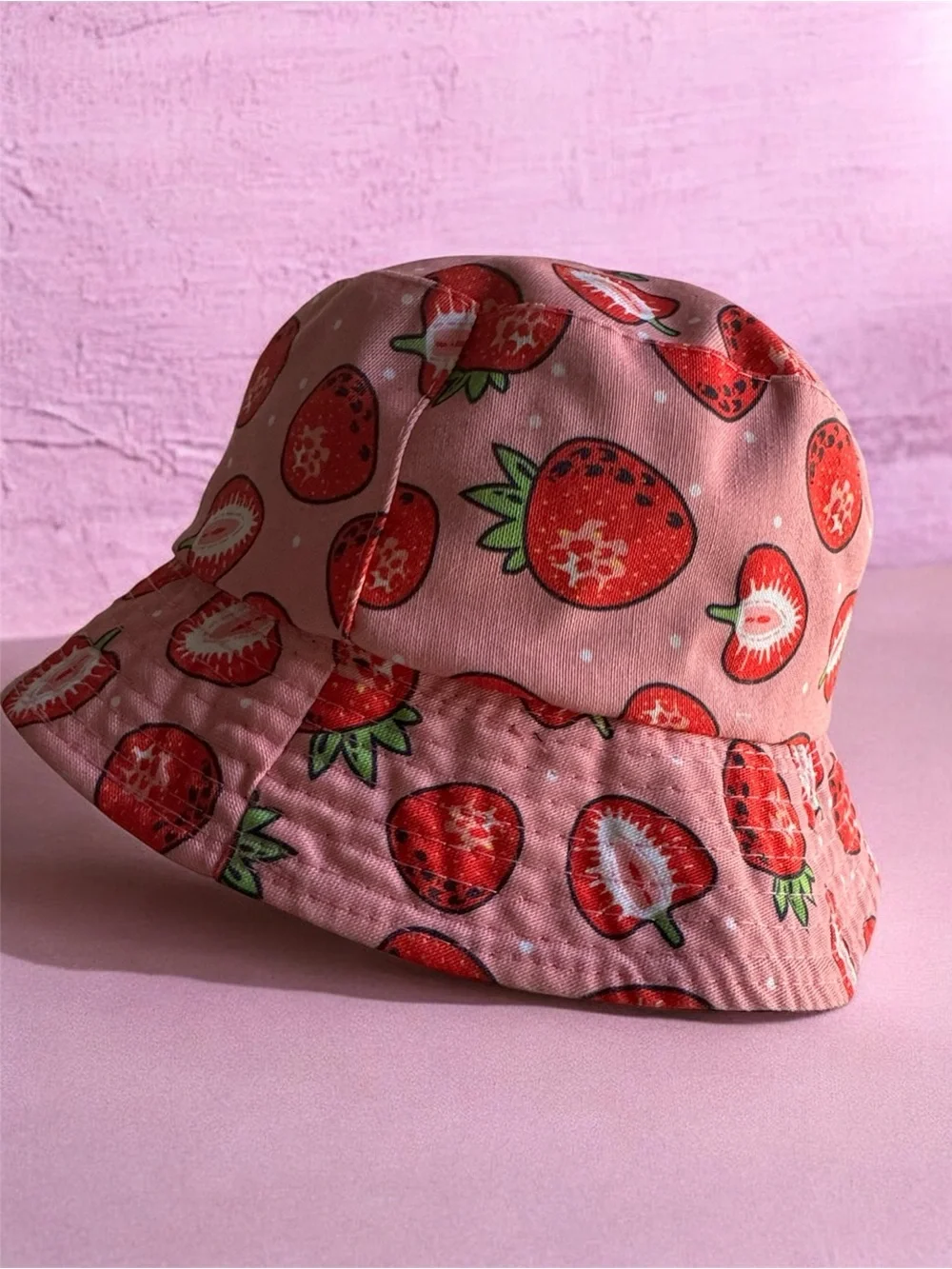 Pink Strawberry Print Bucket Hat